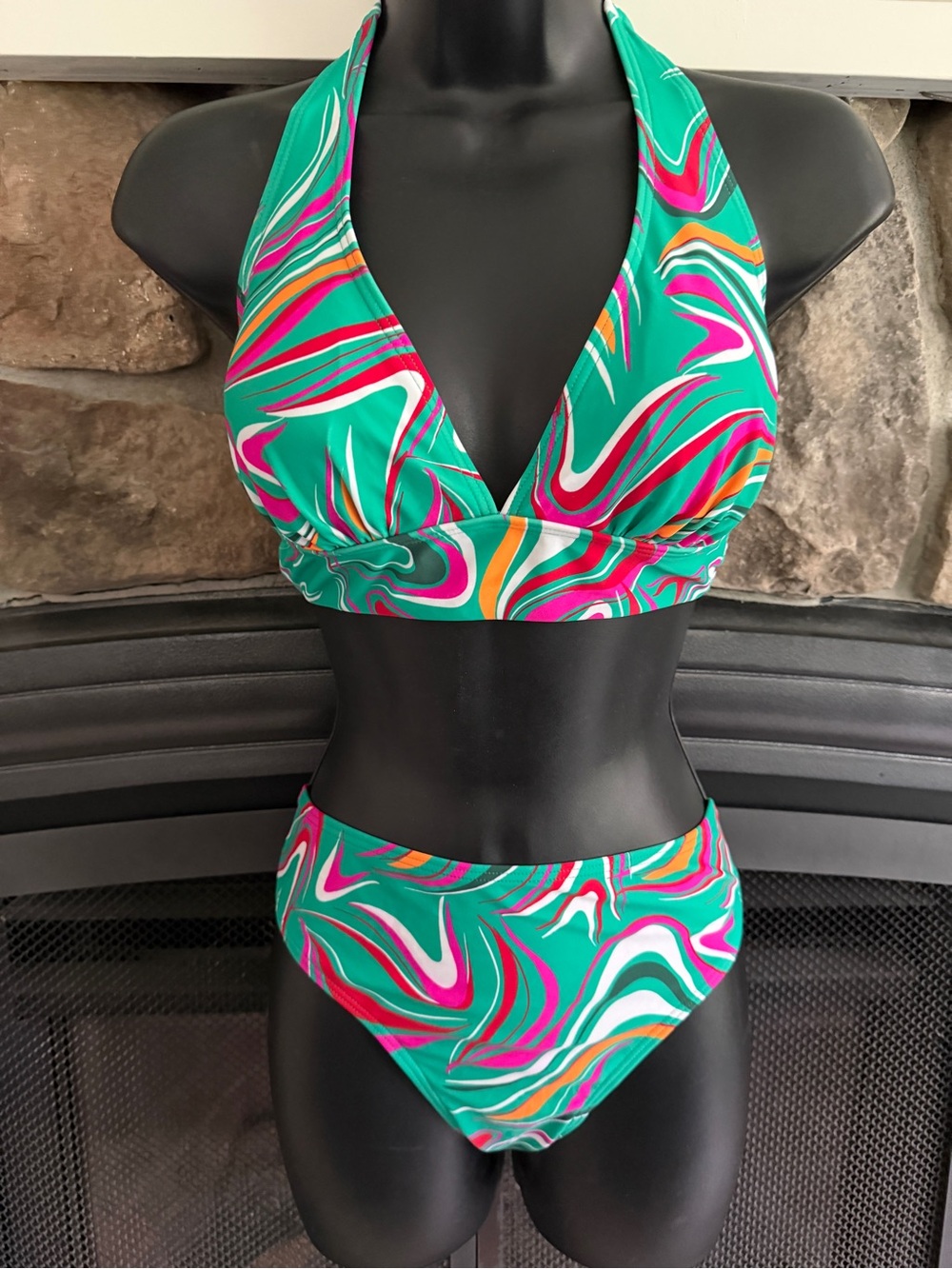 Teal Swirl Halter Bikini with Vibrant Accents
